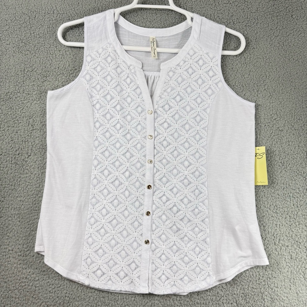 PerSeption‎ Concept White Lace-Front Button Tank Top Cottage Core Fairy Dainty